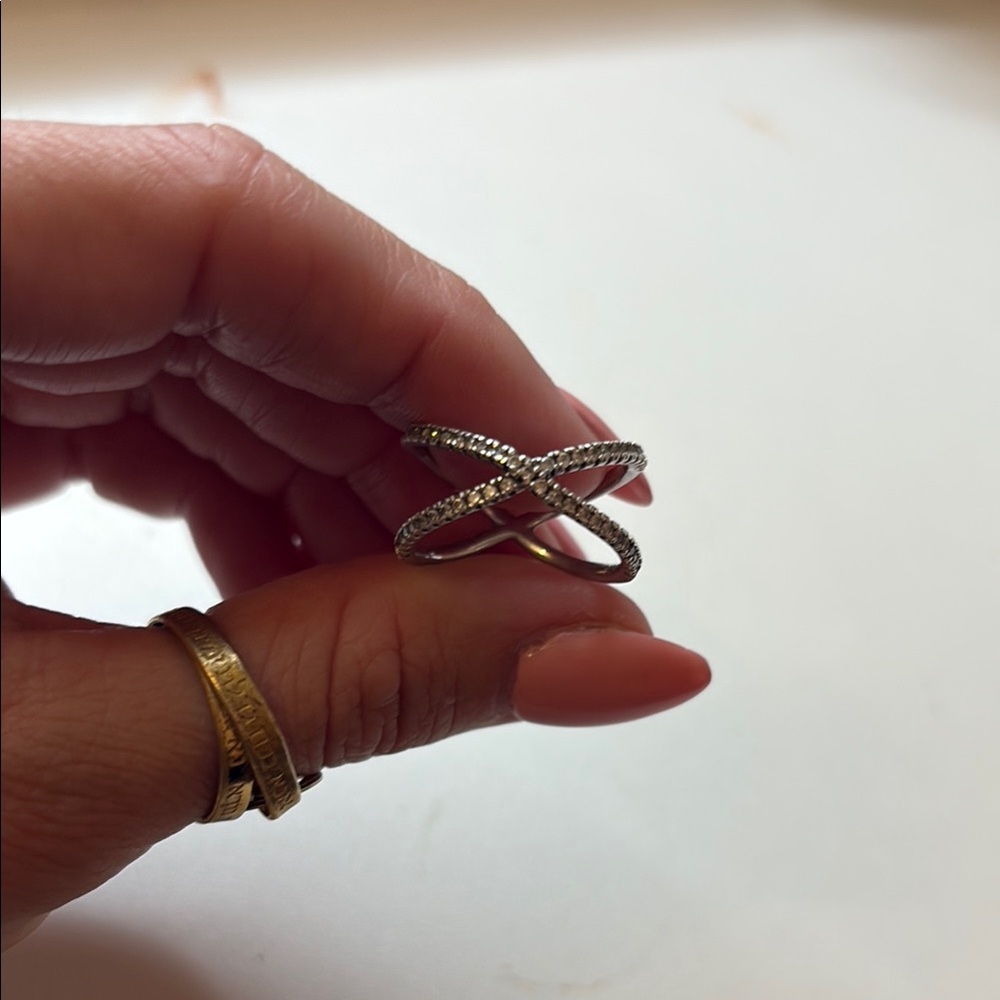 Silver + Rhinestone Crossover Ring - image 1